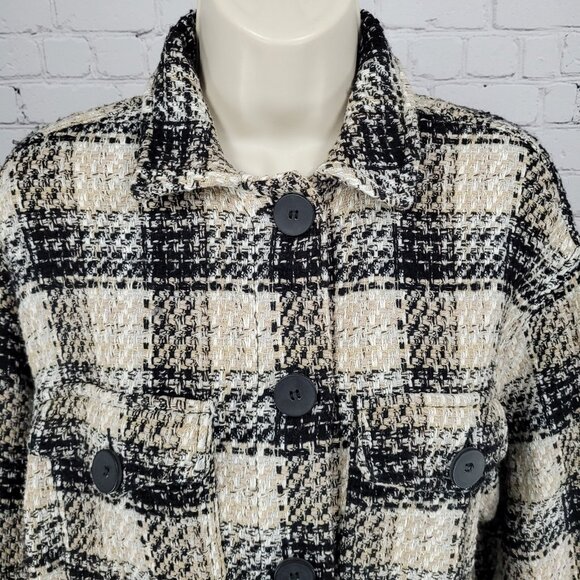 Zara Black Beige Check Buttoned Collared Unlined Shacket Jacket XS - Picture 5 of 11